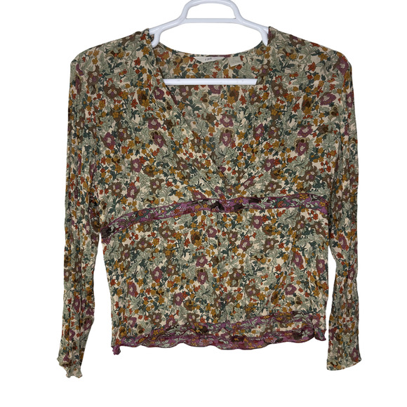 J. Jill Blouse Womens XL Green Floral Rayon Surplice V Neck Long Sleeve Boho - Picture 1 of 4